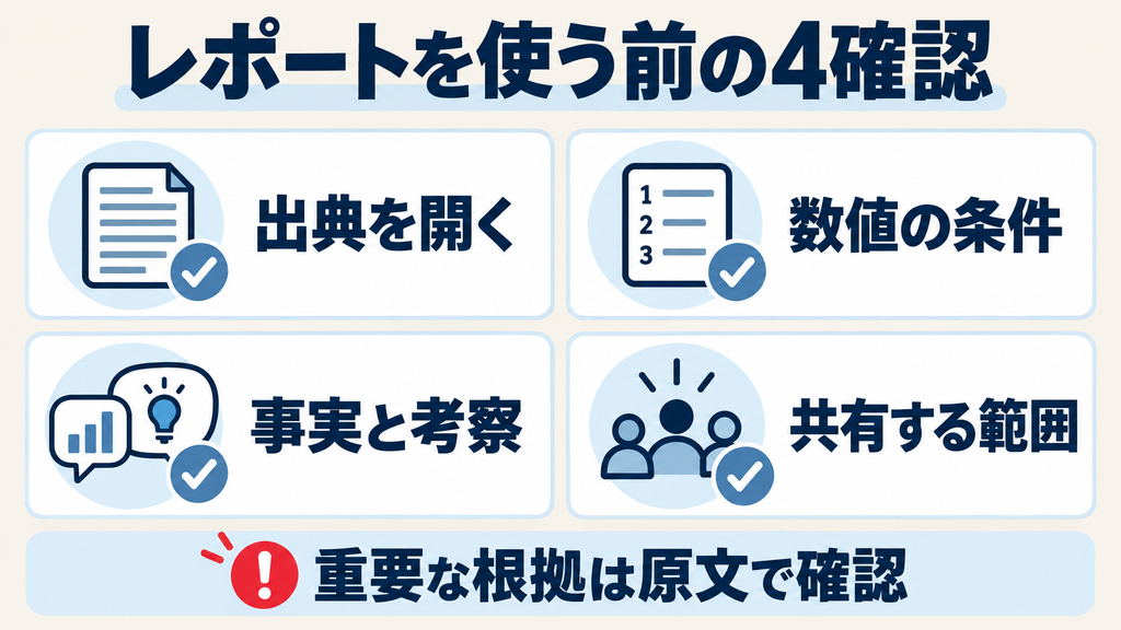 レポート利用前に確認する出典、数値の条件、事実と考察、共有範囲