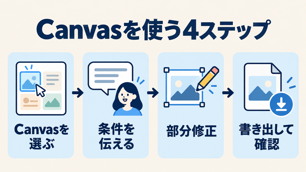 Gemini Canvasの使い方:選択・条件指定・部分修正・書き出し確認の4ステップ