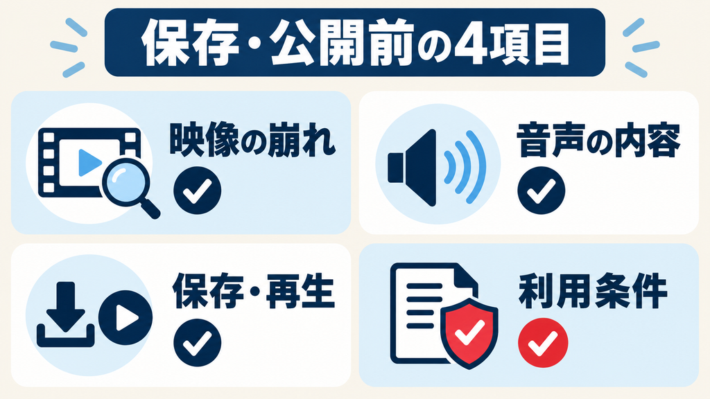 動画の保存・公開前に映像の崩れ・音声・保存再生・利用条件を確認