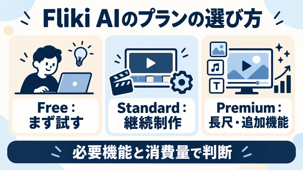 Fliki AIの料金プランの選び方。Freeは試用、Standardは継続制作、Premiumは長尺と追加機能を重視して比較する。