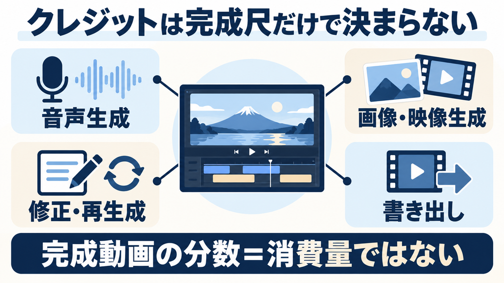 Fliki AIのクレジットは音声生成、画像・映像生成、修正・再生成、書き出しで消費され、完成動画の分数だけでは決まらない。