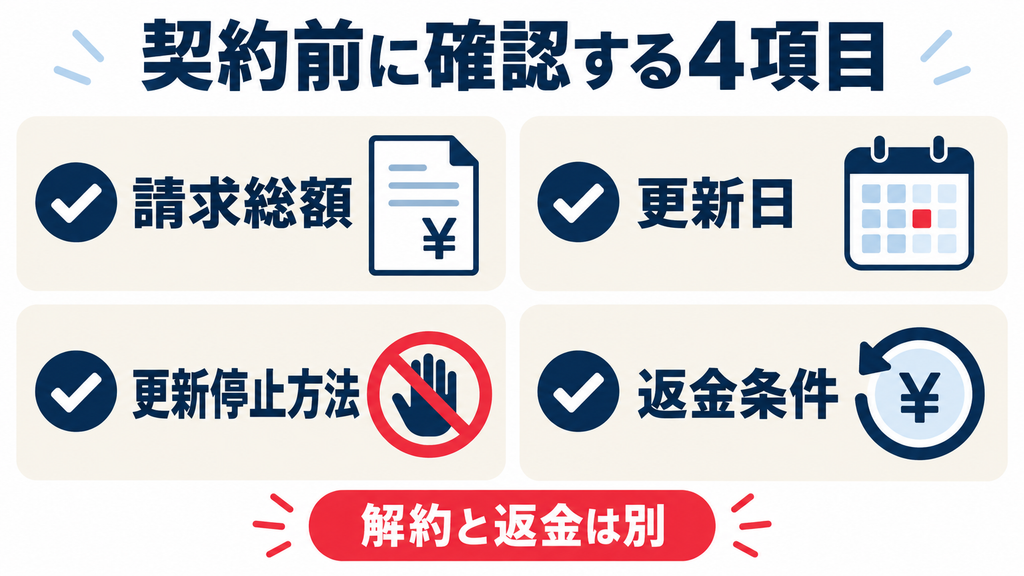 Fliki AIの契約前に確認する請求総額、更新日、更新停止方法、返金条件の4項目。解約と返金は別。