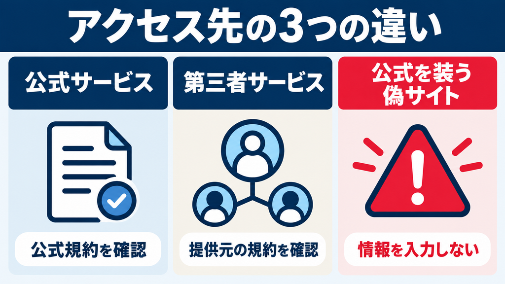 公式サービス、第三者サービス、公式を装う偽サイトの違いと確認事項