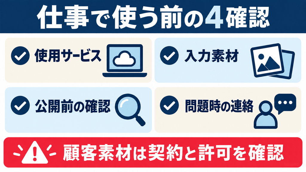 仕事でKling AIを使う前の4確認：使用サービス、入力素材、公開前の確認、問題時の連絡