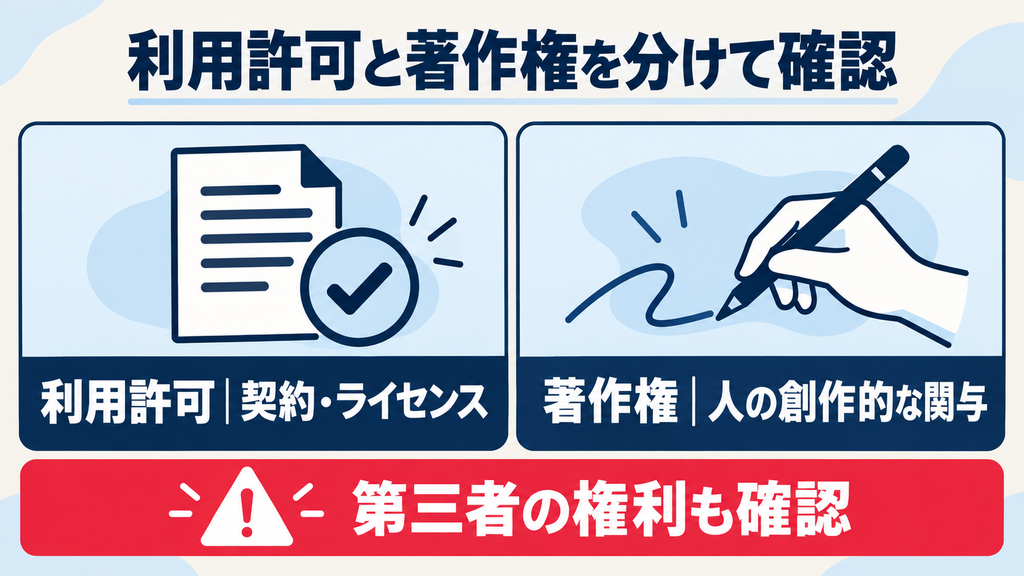 契約上の利用許可と人の創作的関与による著作権を分け、第三者の権利も確認する図