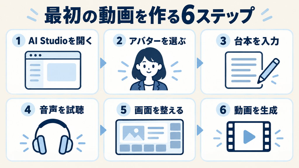 HeyGenの使い方：AI Studioで最初の動画を作る6ステップ