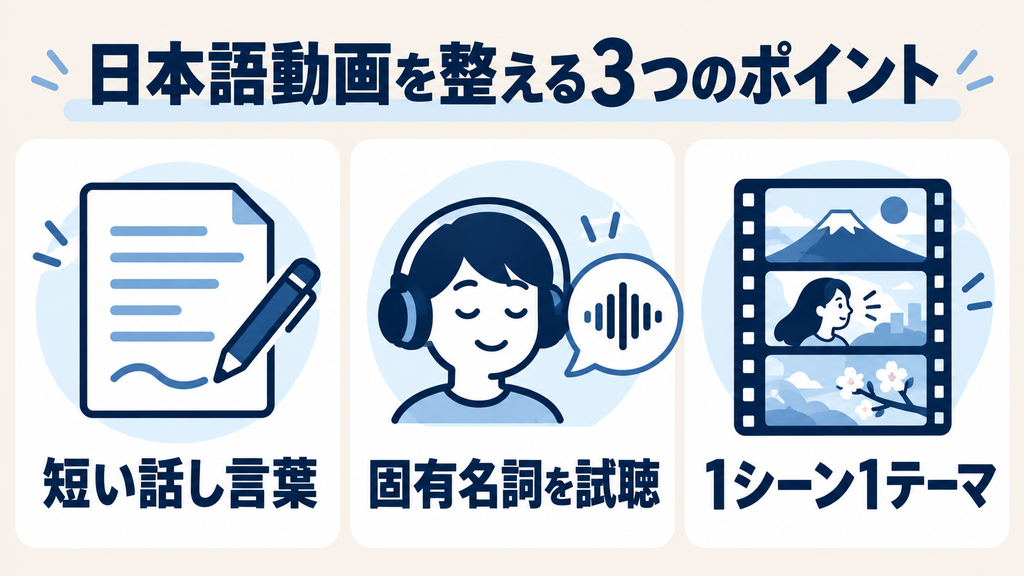 HeyGenの日本語動画を整えるポイント：短い話し言葉、固有名詞の試聴、1シーン1テーマ