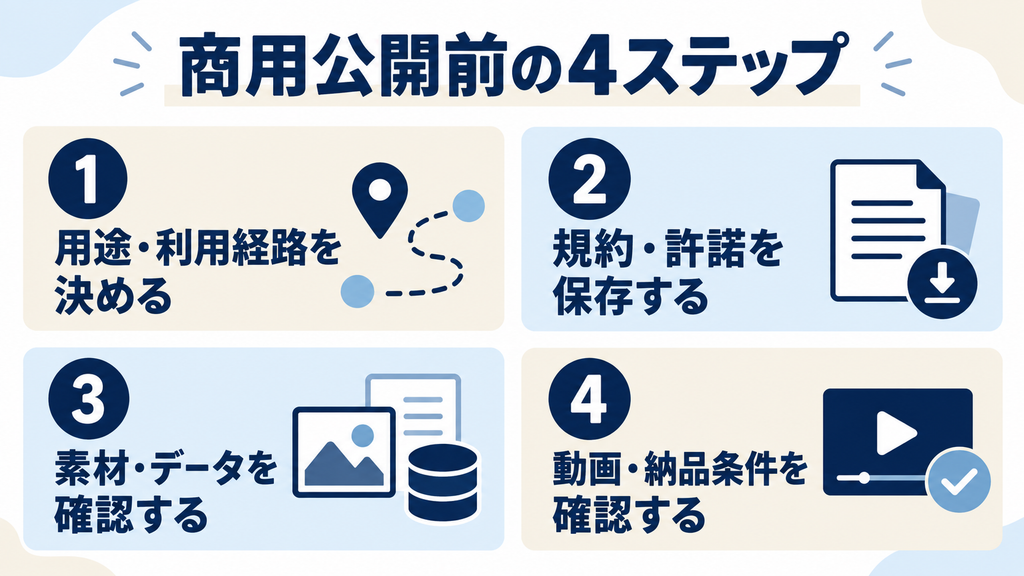 商用公開前の4ステップ:用途の決定、規約・許諾の保存、素材・データの確認、動画・納品条件の確認