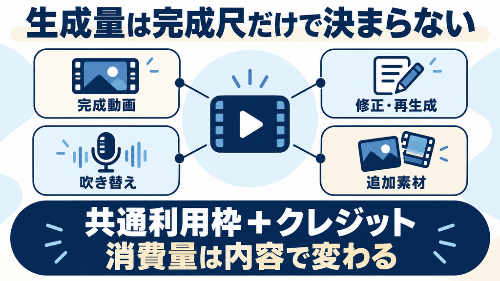 完成動画、修正・再生成、吹き替え、追加素材によって変わる生成量とクレジット消費