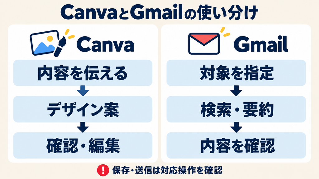 Canvaはデザイン案の作成と編集、Gmailは対象メールの検索と要約に使い分ける流れ