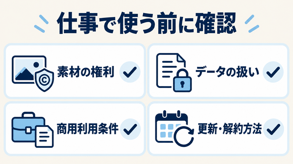Pollo AIを仕事で使う前に素材の権利・データの扱い・商用利用条件・更新と解約方法を確認