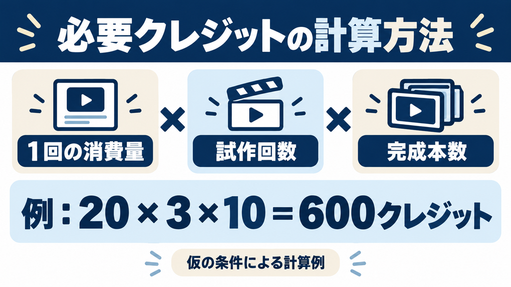 必要クレジットの計算方法：1回の消費量×試作回数×完成本数。20×3×10＝600クレジットの仮の例