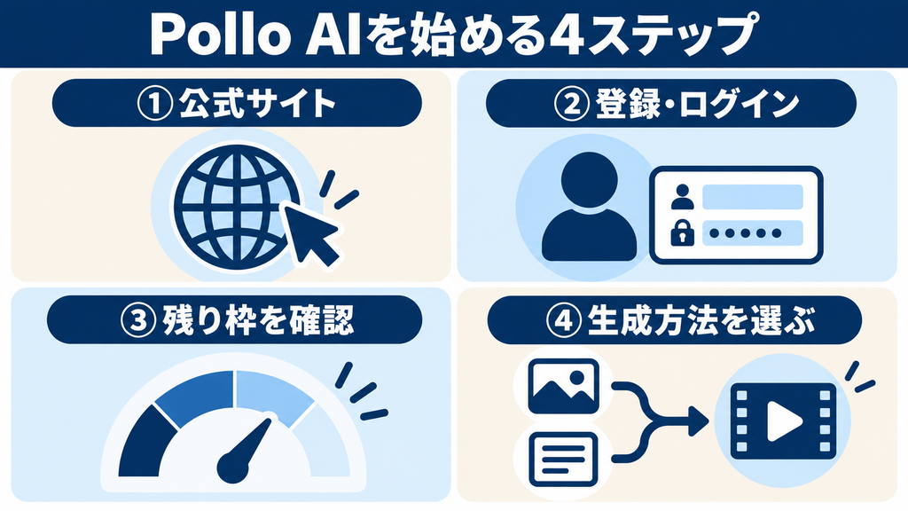 Pollo AIの使い方:公式サイト・登録ログイン・残り枠確認・生成方法選択の4ステップ