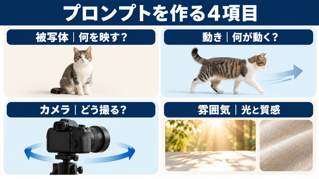 動画生成プロンプトを被写体・動き・カメラ・雰囲気の4項目で整理
