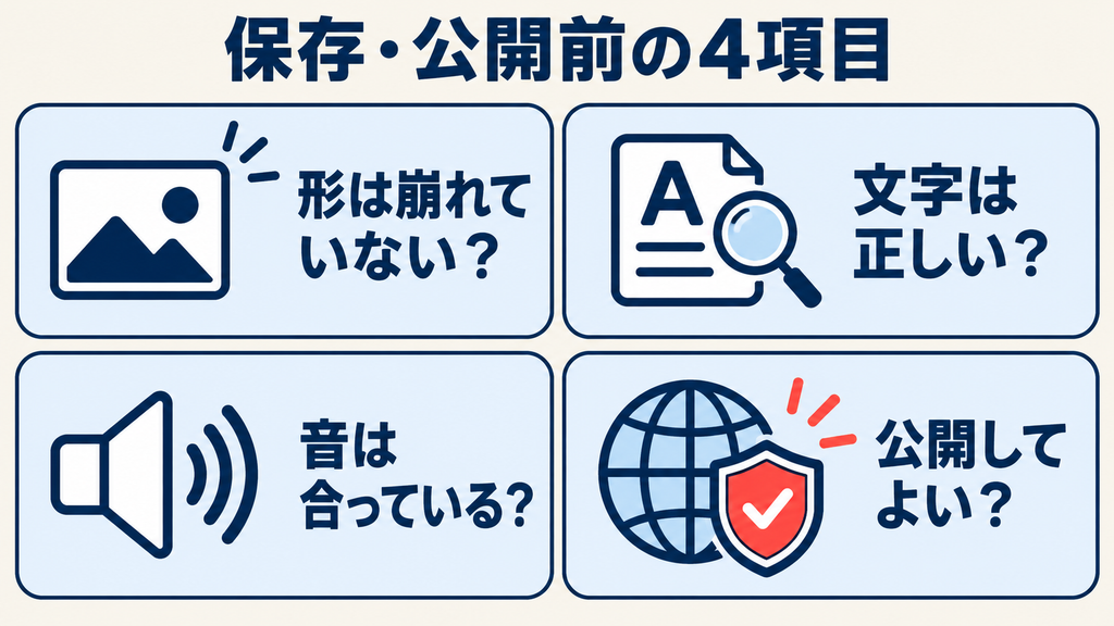 動画の保存・公開前に形の崩れ・文字・音・公開可否を確認
