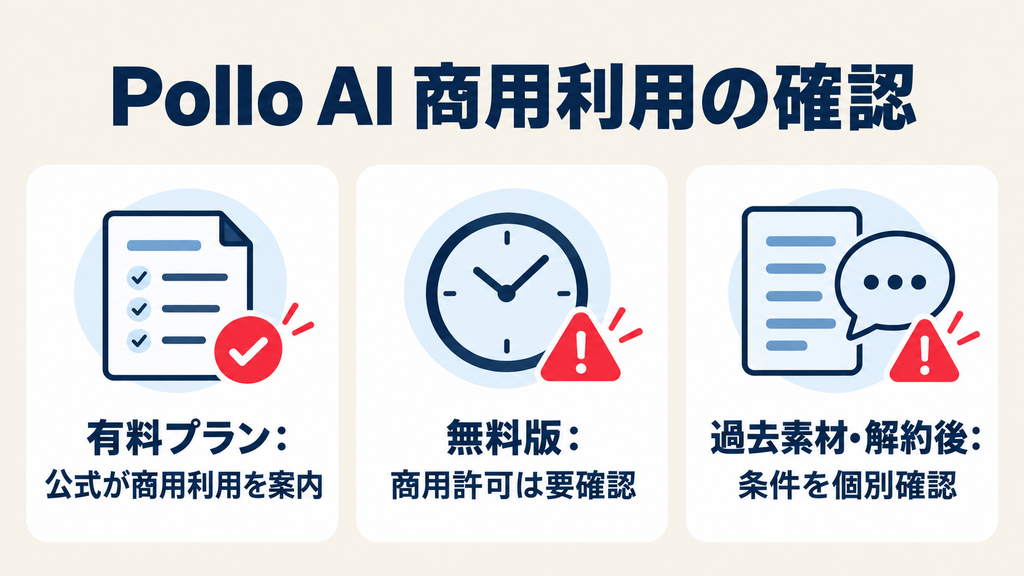 Pollo AIの商用利用：有料プランは公式が案内、無料版・過去素材・解約後の条件は個別確認