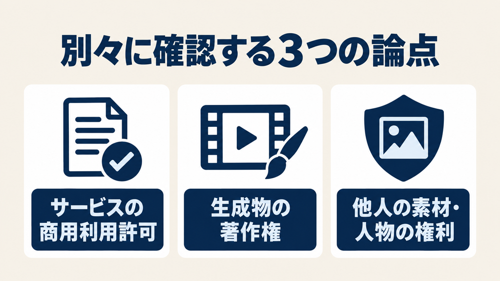商用利用許可、生成物の著作権、他人の素材・人物の権利を別々に確認する図