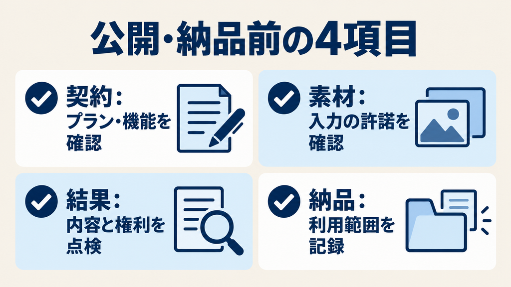 公開・納品前の4項目：契約、入力素材の許諾、生成結果、納品後の利用範囲を確認