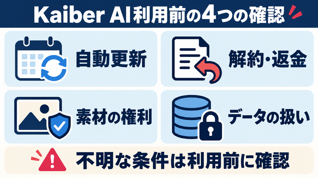 Kaiber AIの利用前に確認する自動更新、解約・返金、素材の権利、データの扱い