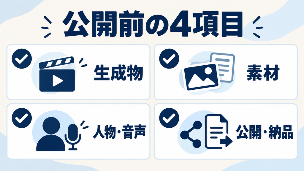 InVideo AIの公開前に確認する生成物・素材・人物と音声・公開と納品の条件
