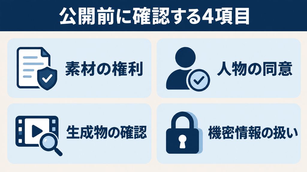 動画公開前の確認項目:素材の権利、人物の同意、生成物、機密情報の扱い