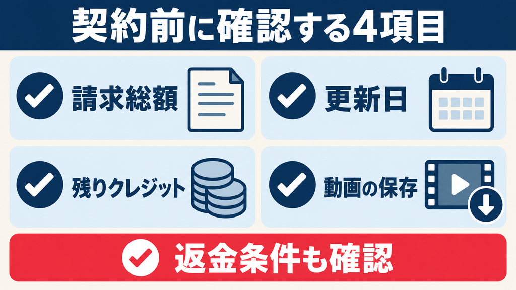 NoLang契約前に確認する請求総額・更新日・残りクレジット・動画保存