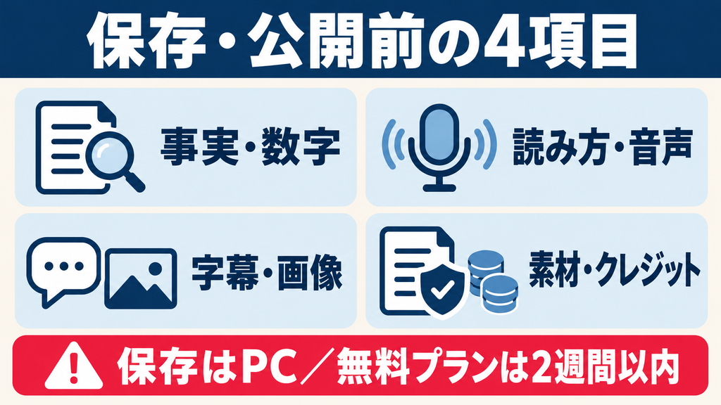 NoLang動画の保存・公開前に確認する事実・音声・字幕・素材の条件