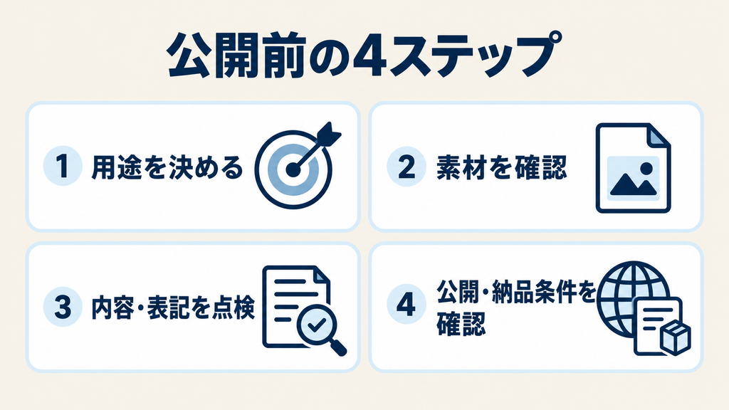 NoLang商用動画の公開前4ステップ：用途・素材・内容と表記・公開と納品条件