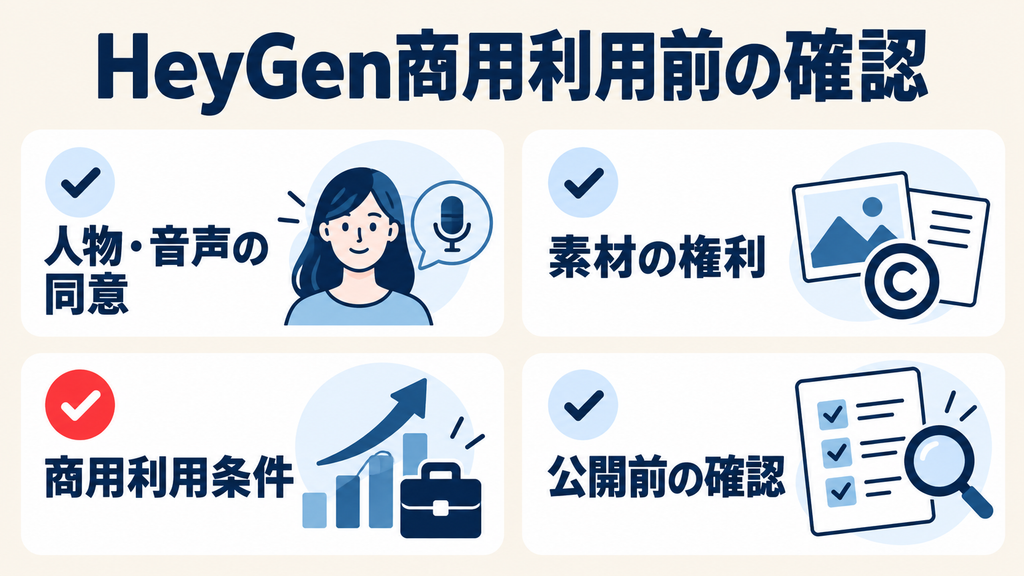 HeyGenの商用利用前に確認する人物と音声の同意・素材の権利・利用条件