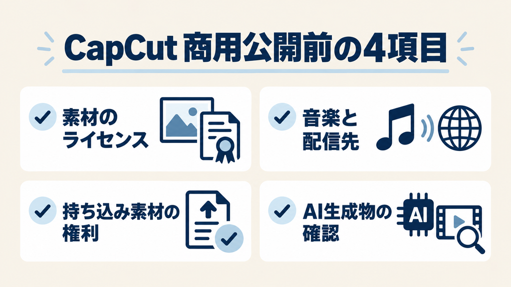 CapCutの商用公開前に確認する素材ライセンス・音楽と配信先・持ち込み素材の権利・AI生成物