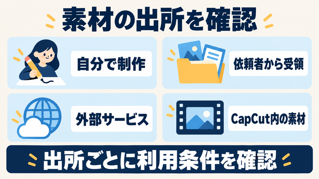 CapCutの商用利用で確認する素材の出所:自作・依頼者・外部サービス・アプリ内素材
