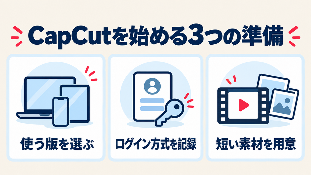 CapCutを始める準備:使う版の選択・ログイン方式の記録・短い素材の用意