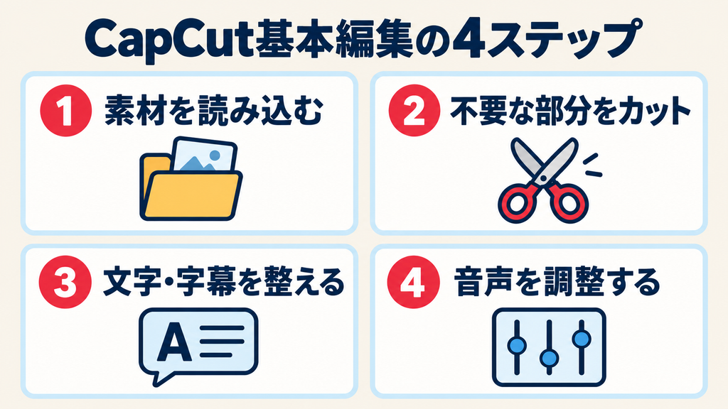 CapCutの基本的な使い方:素材読み込み・カット・文字と字幕・音声調整の4ステップ