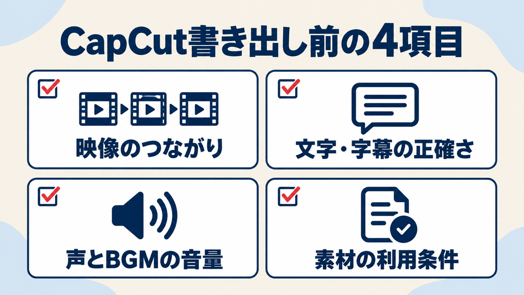 CapCutの書き出し前に確認する映像・字幕・音量・素材の利用条件