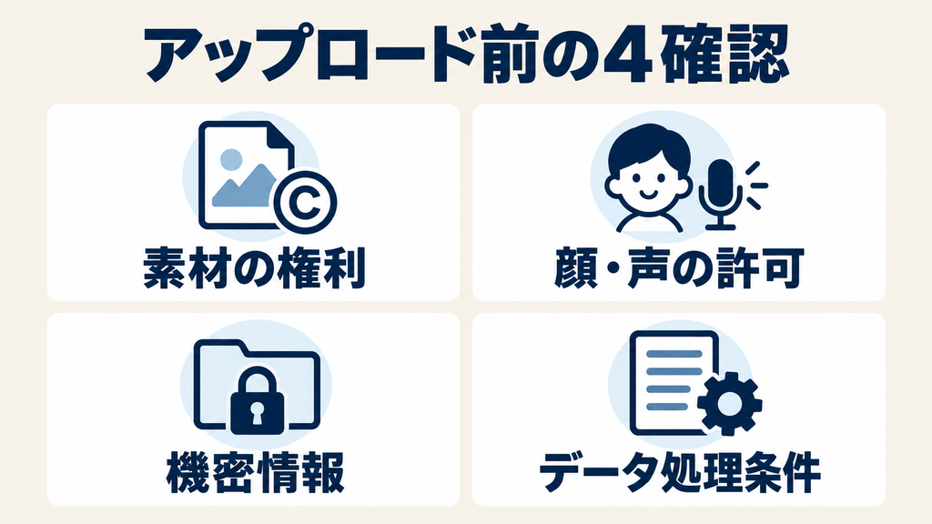 アップロード前に確認する素材の権利、顔・声の許可、機密情報、データ処理条件