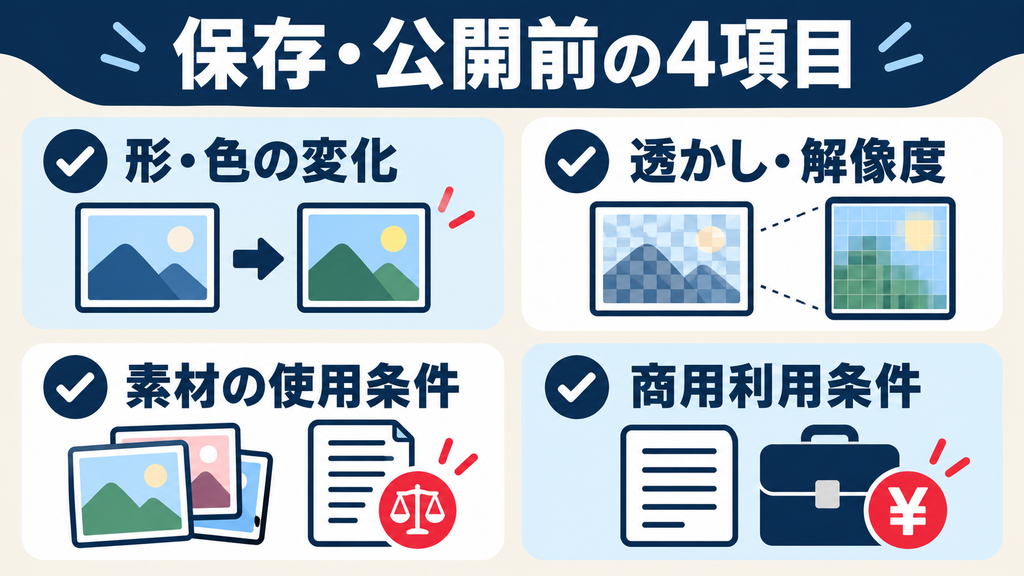 保存・公開前に確認する形と色の変化、透かしと解像度、素材の使用条件、商用利用条件