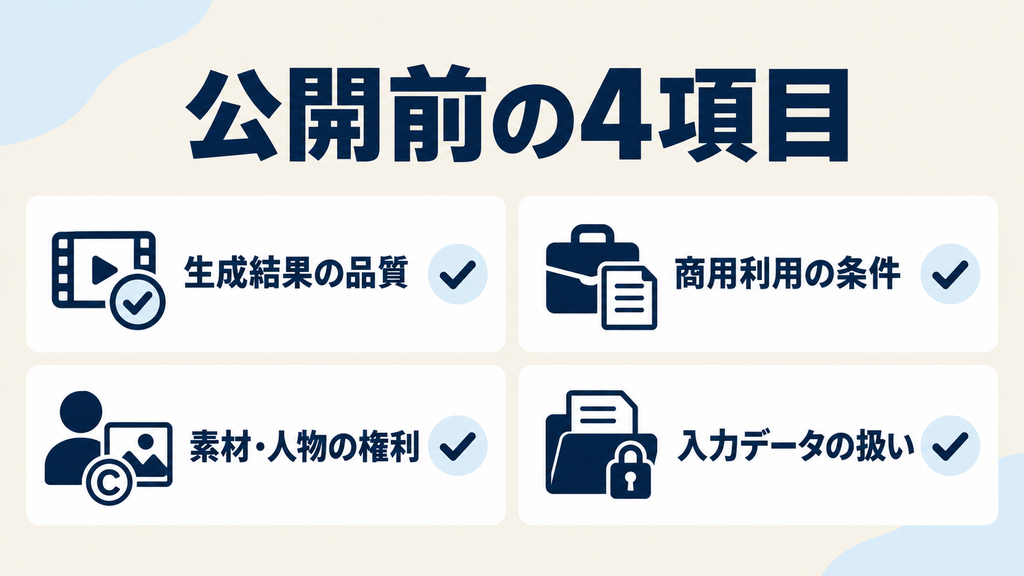 動画公開前の確認:生成品質・商用利用条件・素材と人物の権利・入力データ