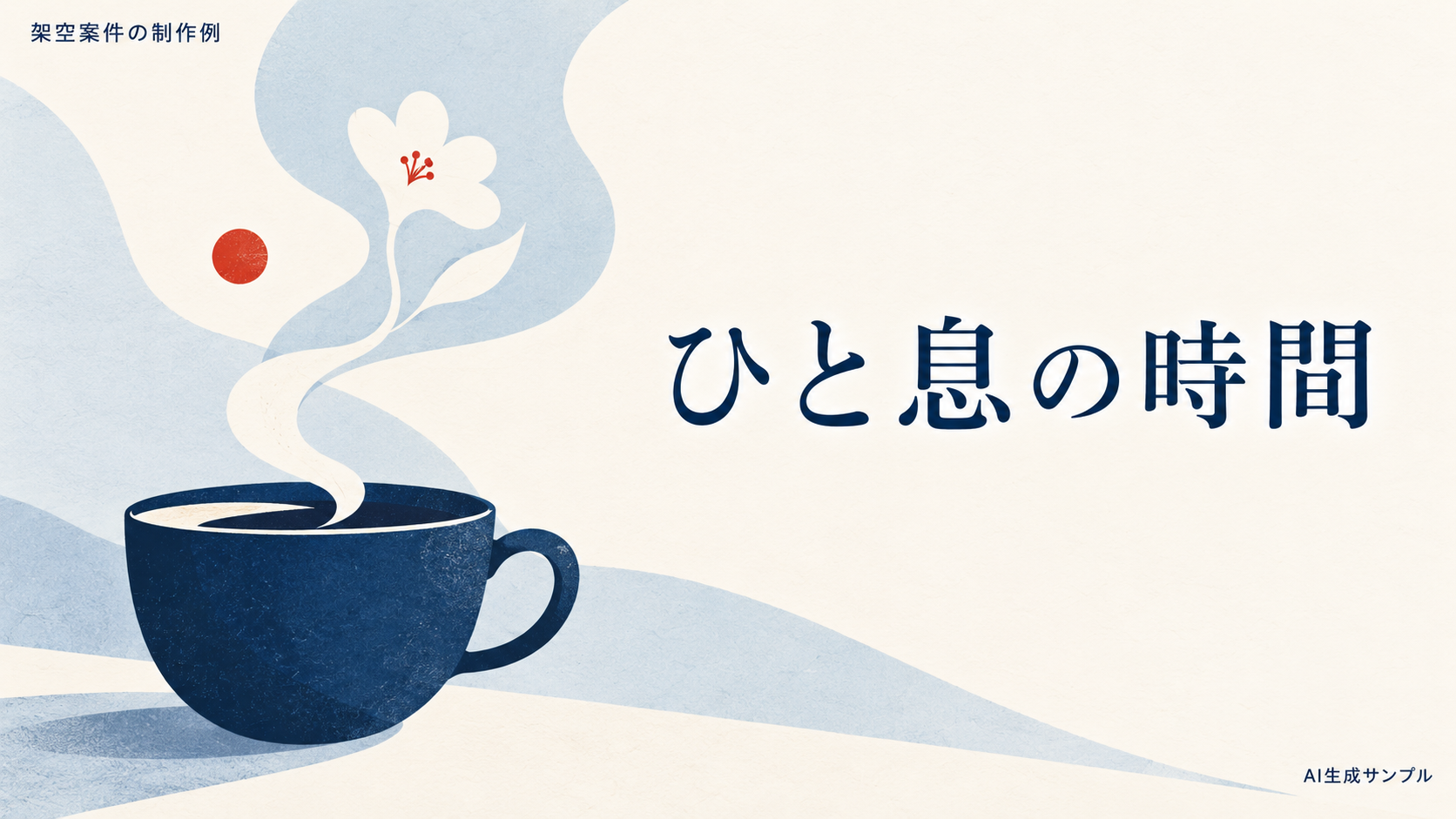 架空カフェの制作例として生成した、濃紺のカップと花のような湯気に「ひと息の時間」の文字を配置した画像