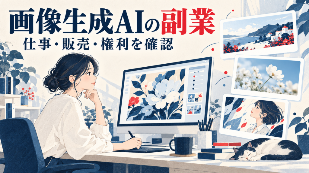 画像制作の机と複数の作品を背景に、画像生成AI副業の仕事・販売・権利確認を示すイラスト
