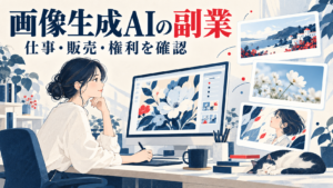 画像制作の机と複数の作品を背景に、画像生成AI副業の仕事・販売・権利確認を示すイラスト