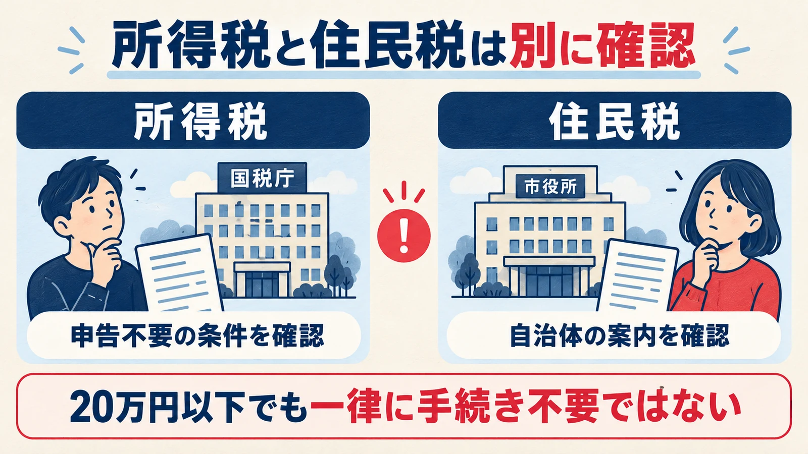 所得税の申告不要条件と住民税の自治体手続きを別々に確認する図