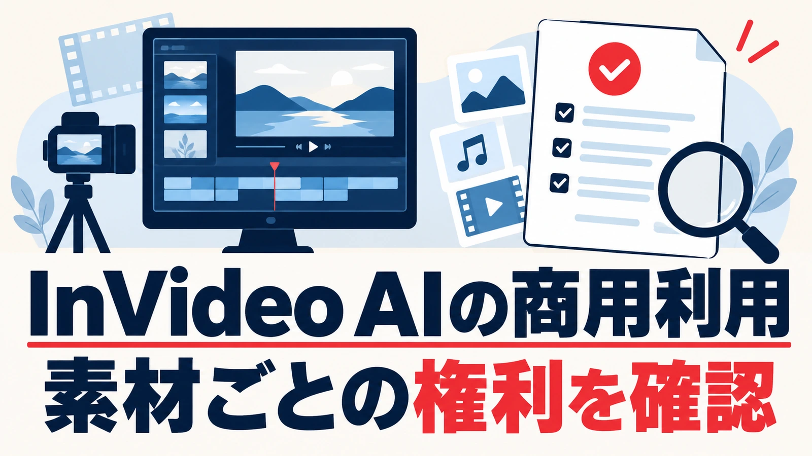 InVideo AIの商用利用で素材ごとの権利を確認するイメージ