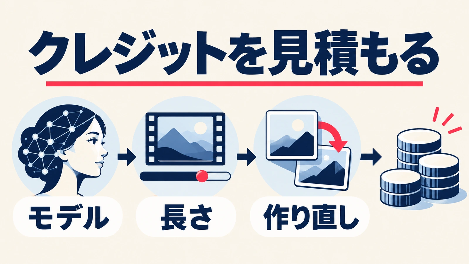 モデル、動画の長さ、作り直しを分けてクレジットを見積もる図
