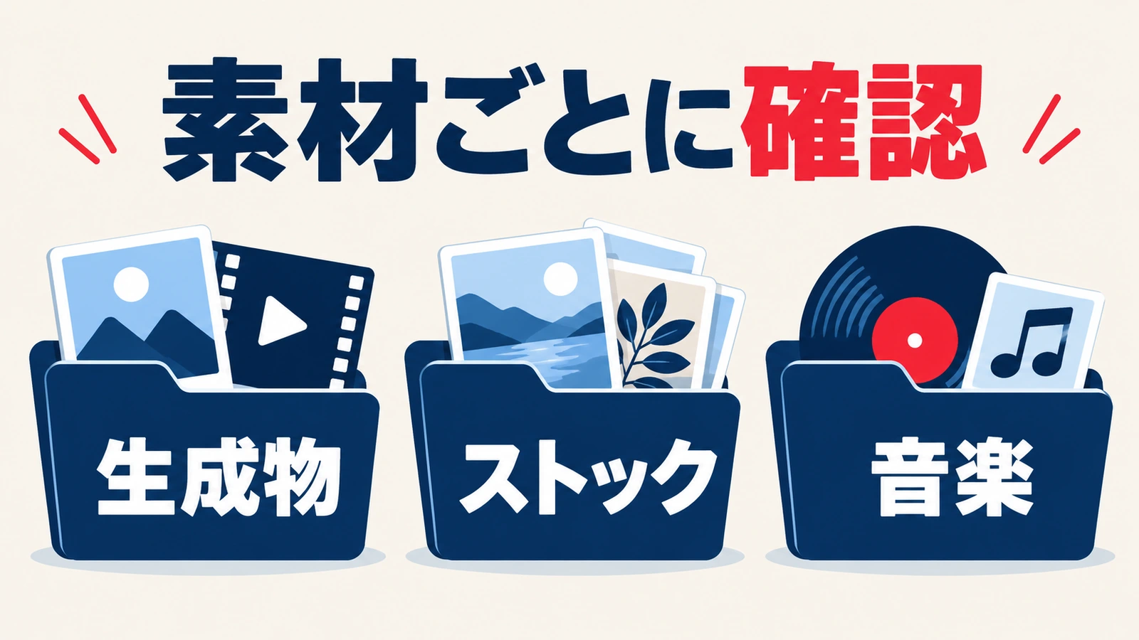 生成物、ストック素材、音楽に分けて利用条件を確認する図