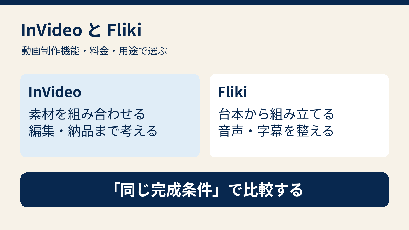 InVideoの映像編集とFlikiの台本・音声中心の制作を、同じ完成条件で比較する図