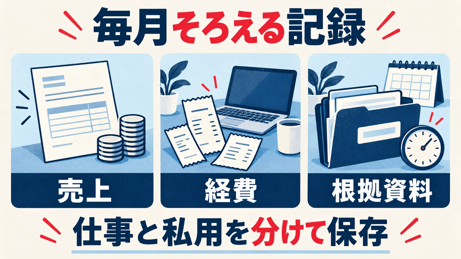 売上と経費と根拠資料を毎月整理し仕事と私用を区分して保存する図
