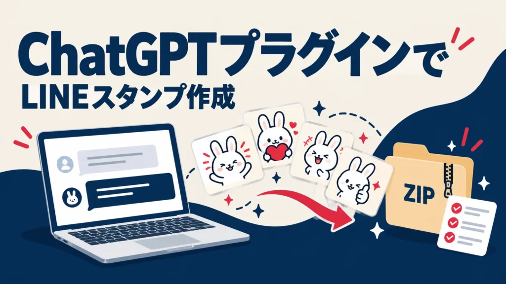 概念図：対話から静止画スタンプと申請用ファイルの準備へ進む流れを表したイラスト