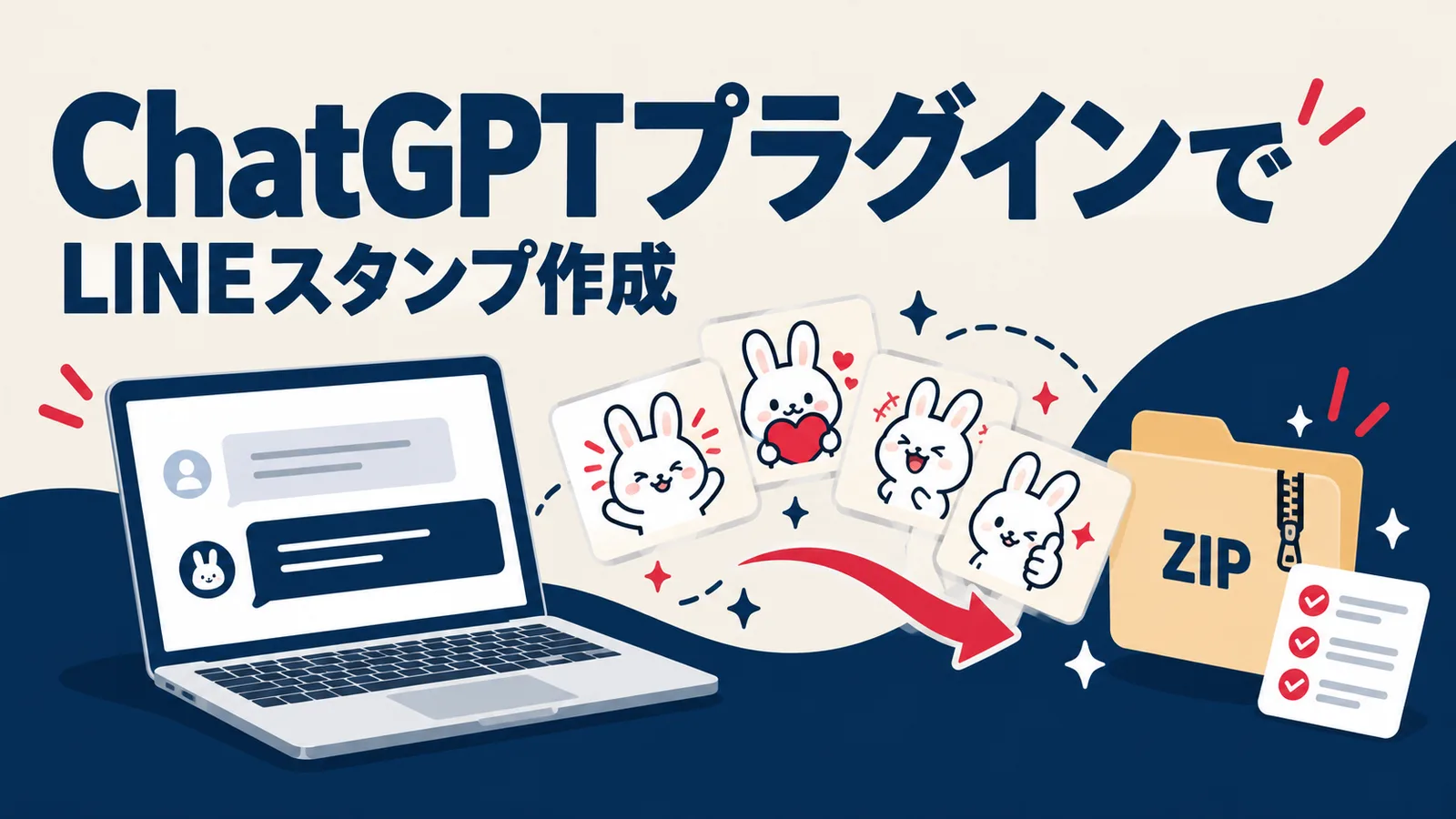 概念図：対話から静止画スタンプと申請用ファイルの準備へ進む流れを表したイラスト