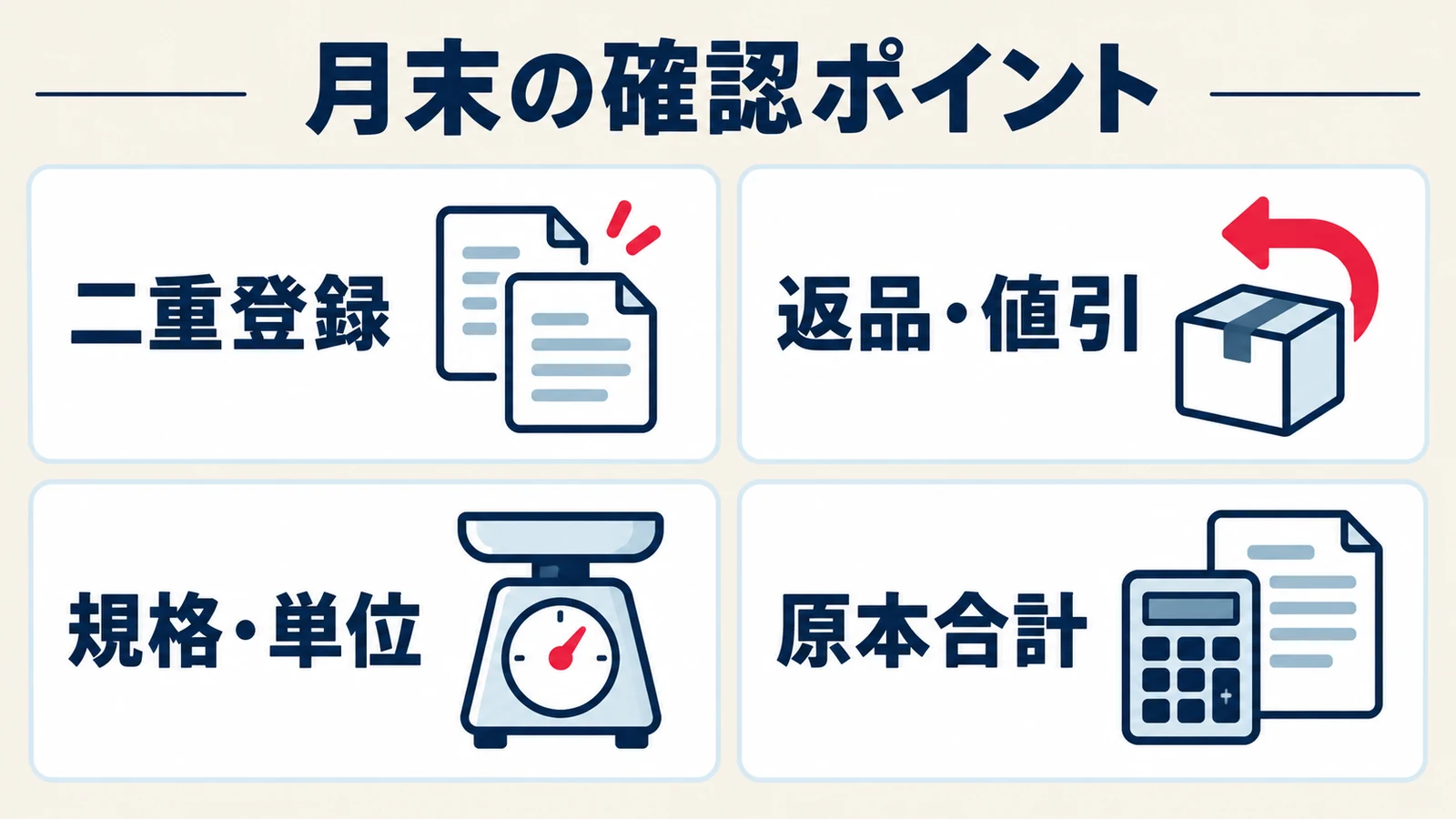 重複、返品と値引、単位、原本合計の四つを確認する仕入れ管理の月末チェック
