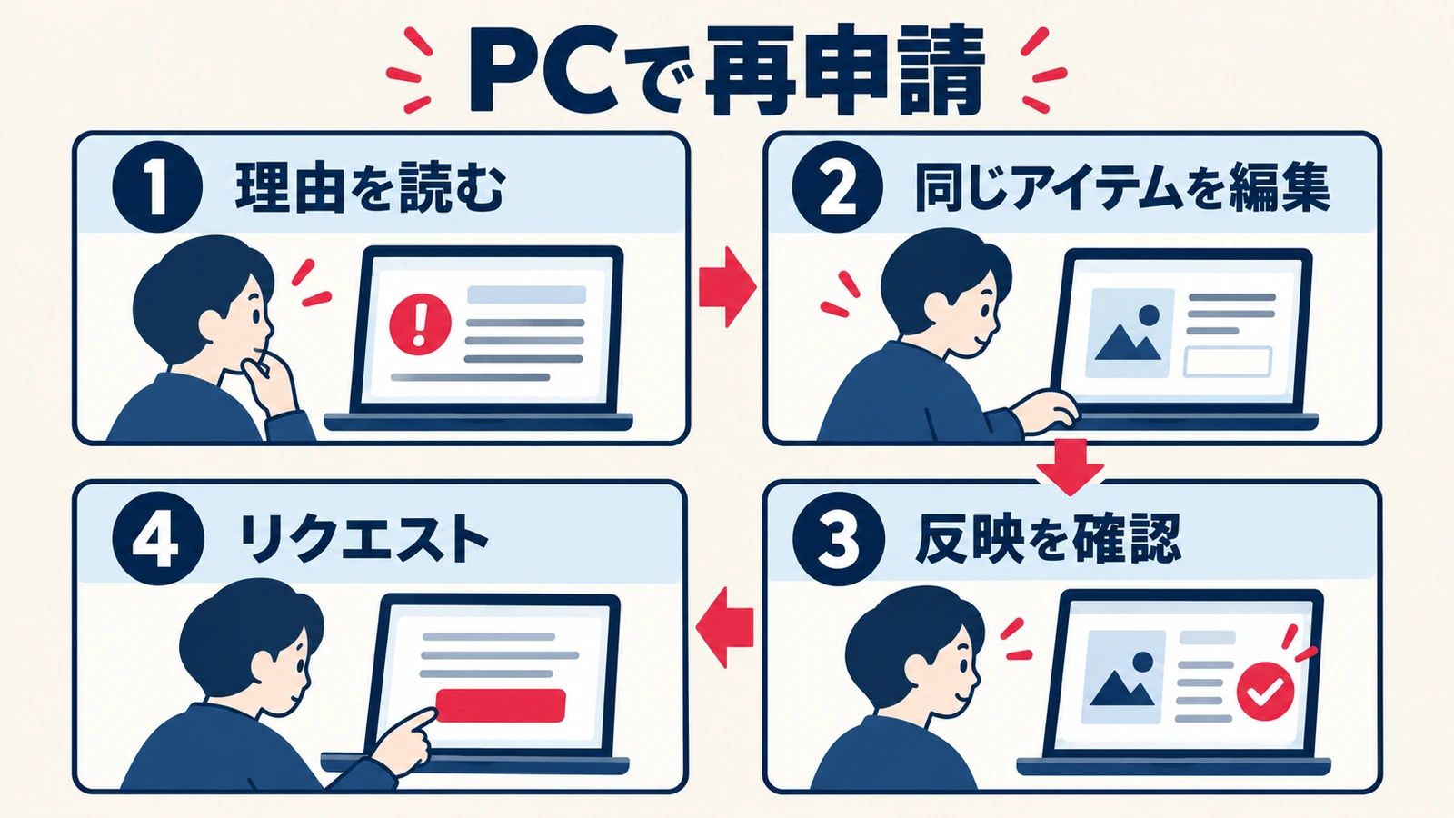 PCのメッセージセンターで理由を読み、同じアイテムを編集して反映確認後に再申請する流れ
